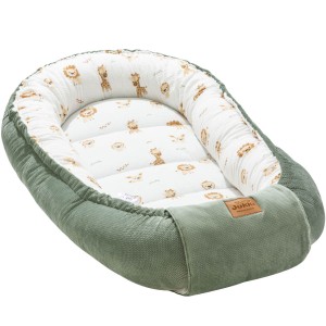Muślinowy Kokon Comfort - Baby Safari i oliwkowy Velvet