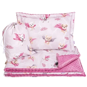 Zestaw przedszkolaka (kocyk z poduszką) - Super Puppy Pink i Purpurowe Minky